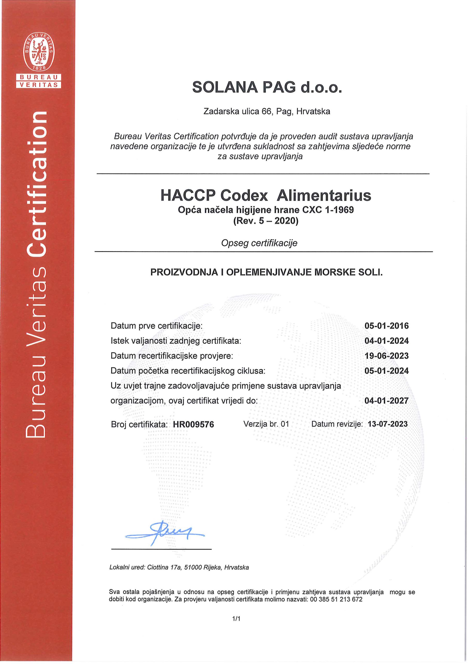 HACCP Certificate for Solana Pag 2024-2027