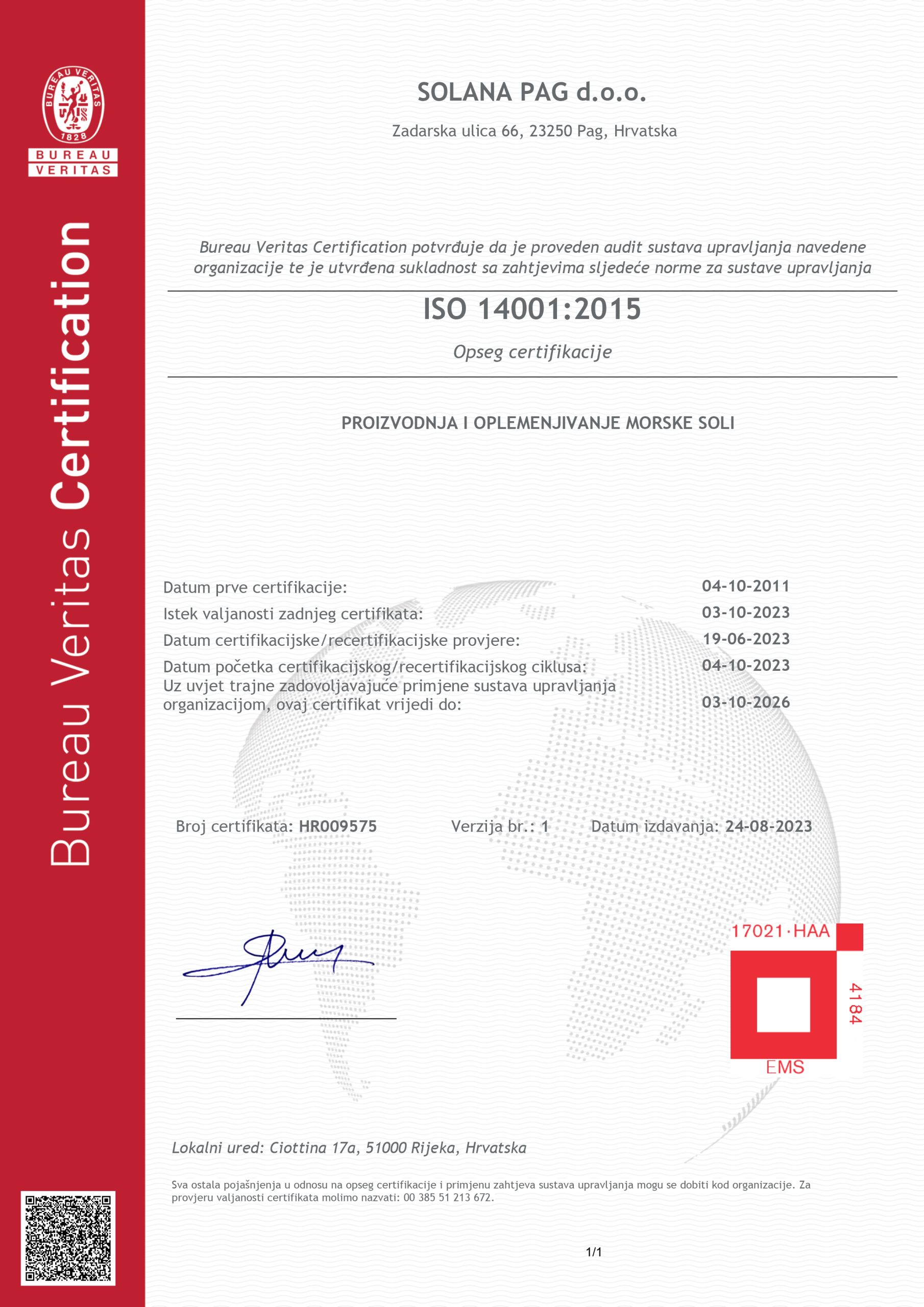 ISO 14001Certificate for Solana Pag d.d. 2023-2026 hrv